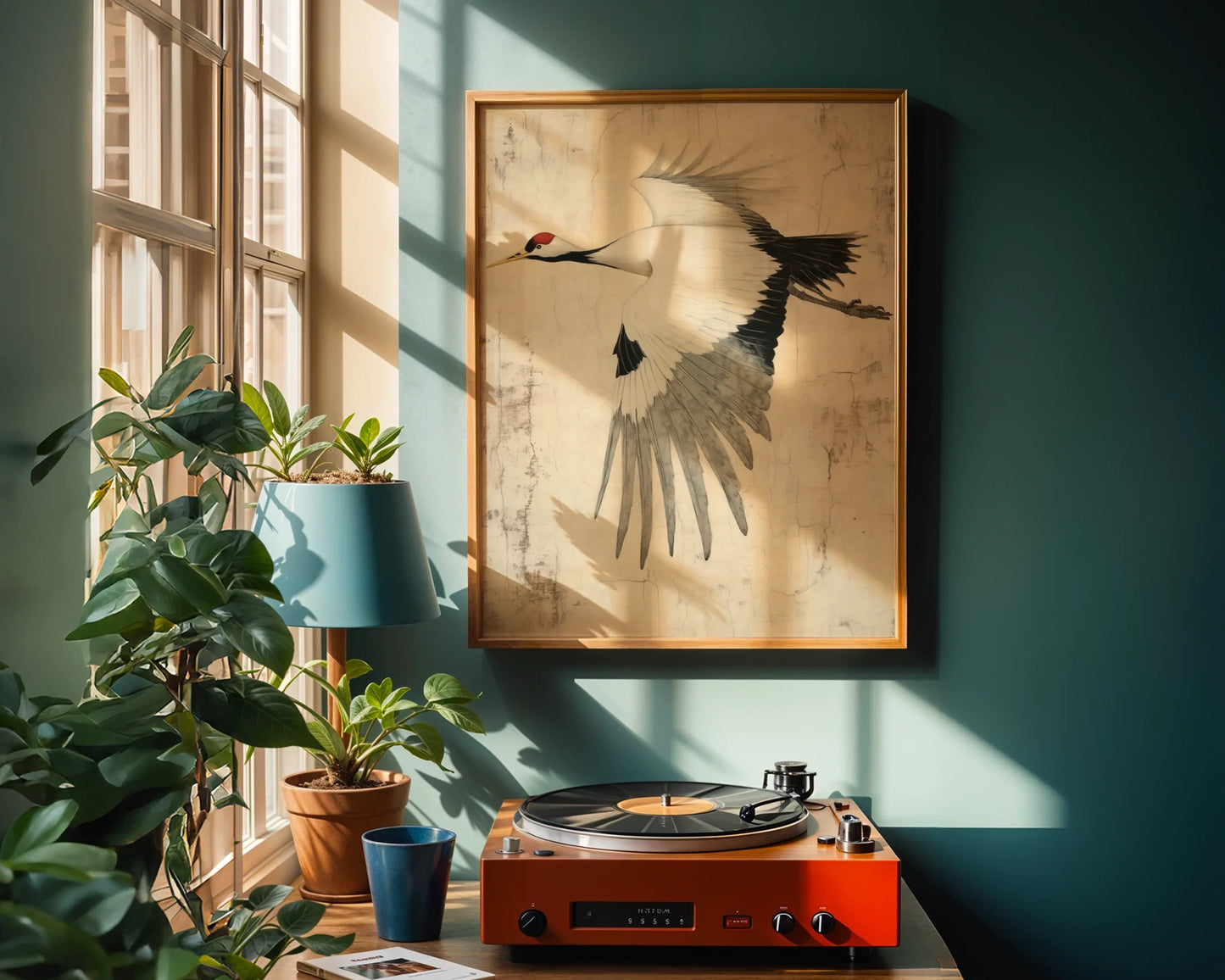 Flying Crane Japanese Style Textured Parchment in room