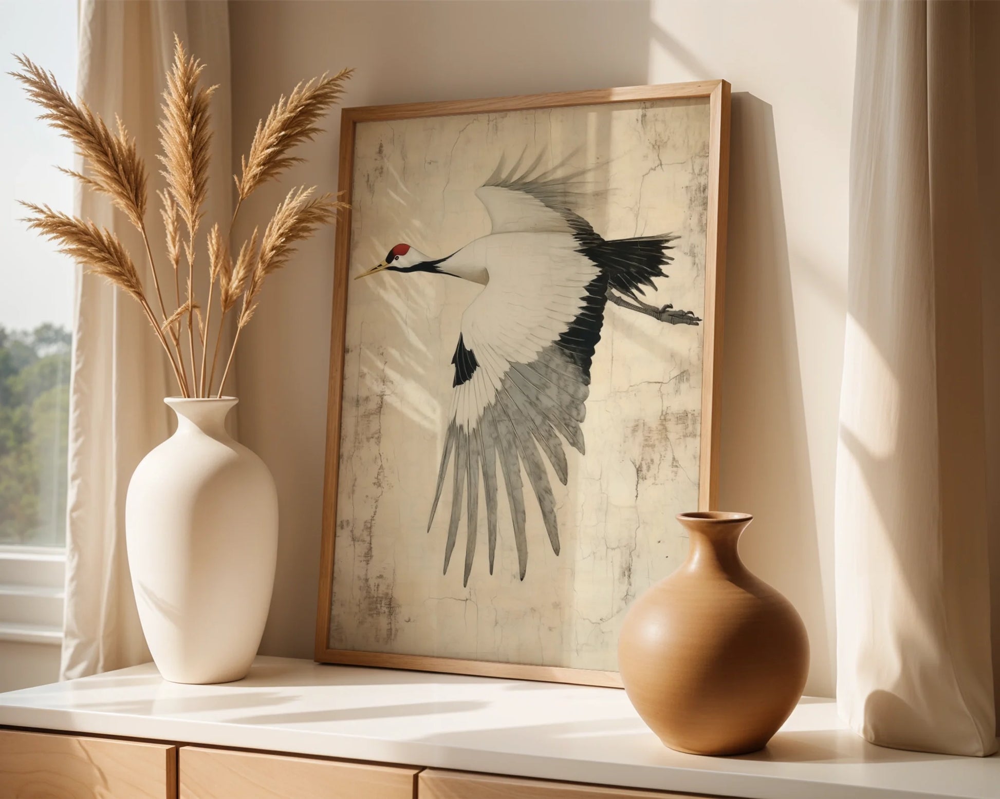 Flying Crane Japanese Style Textured Parchment Canvas Wall Art — Peaceful zen artwork displaying airborne bird ideal for minimalist home aesthetic