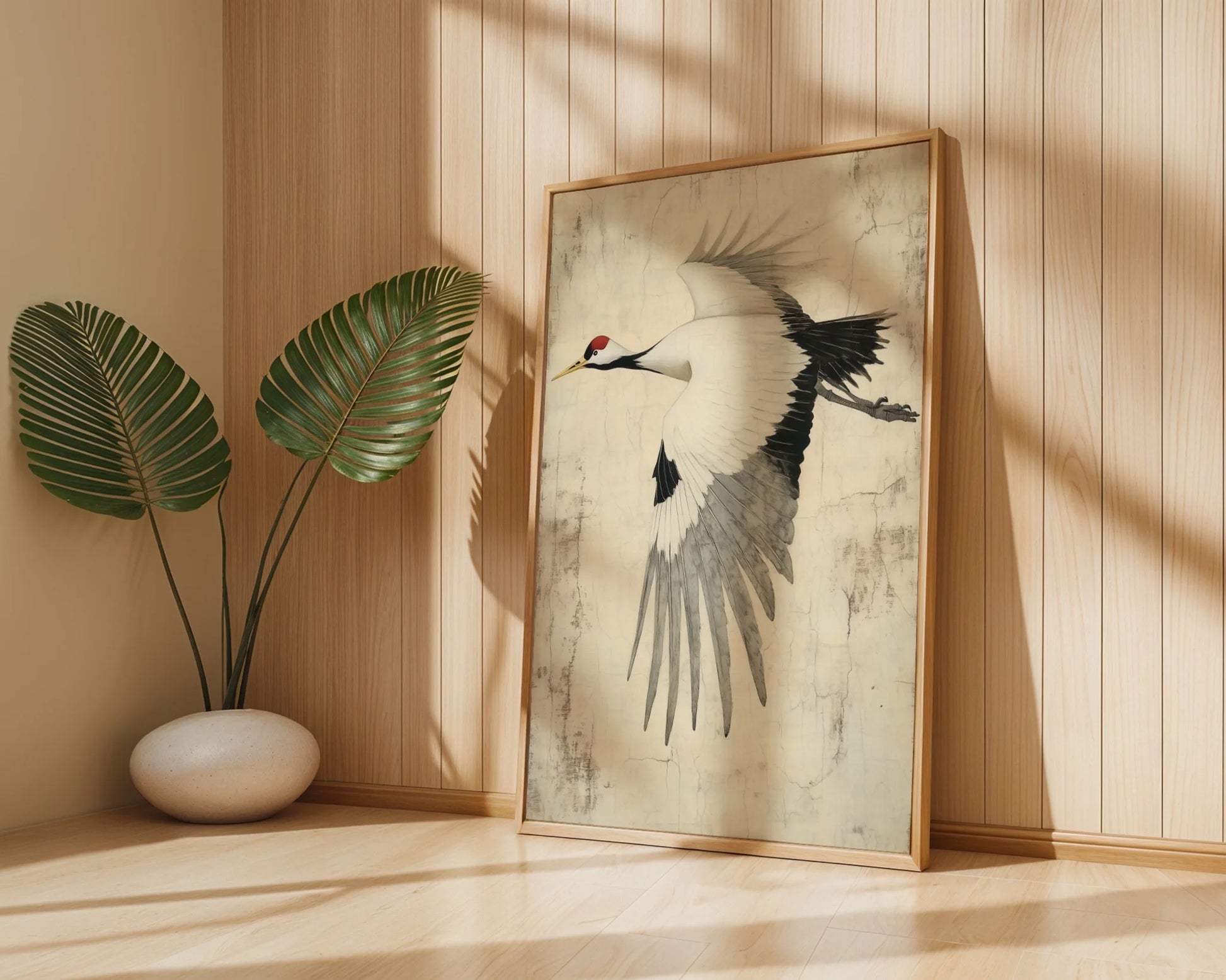 Flying Crane Japanese Style Textured Parchment Canvas Wall Art — Rustic wabi-sabi canvas showing majestic bird complementing organic interior design