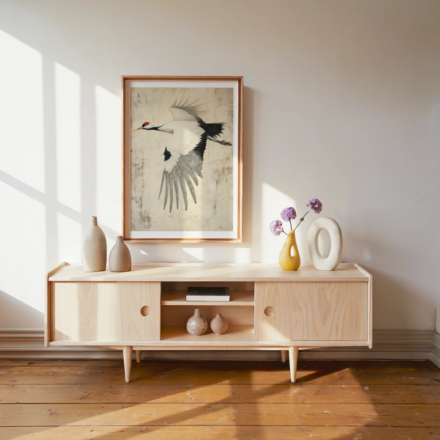Flying Crane Japanese Style Textured Parchment Canvas Wall Art — Oriental-style artwork depicting elegant wildlife in flight for sophisticated home styling