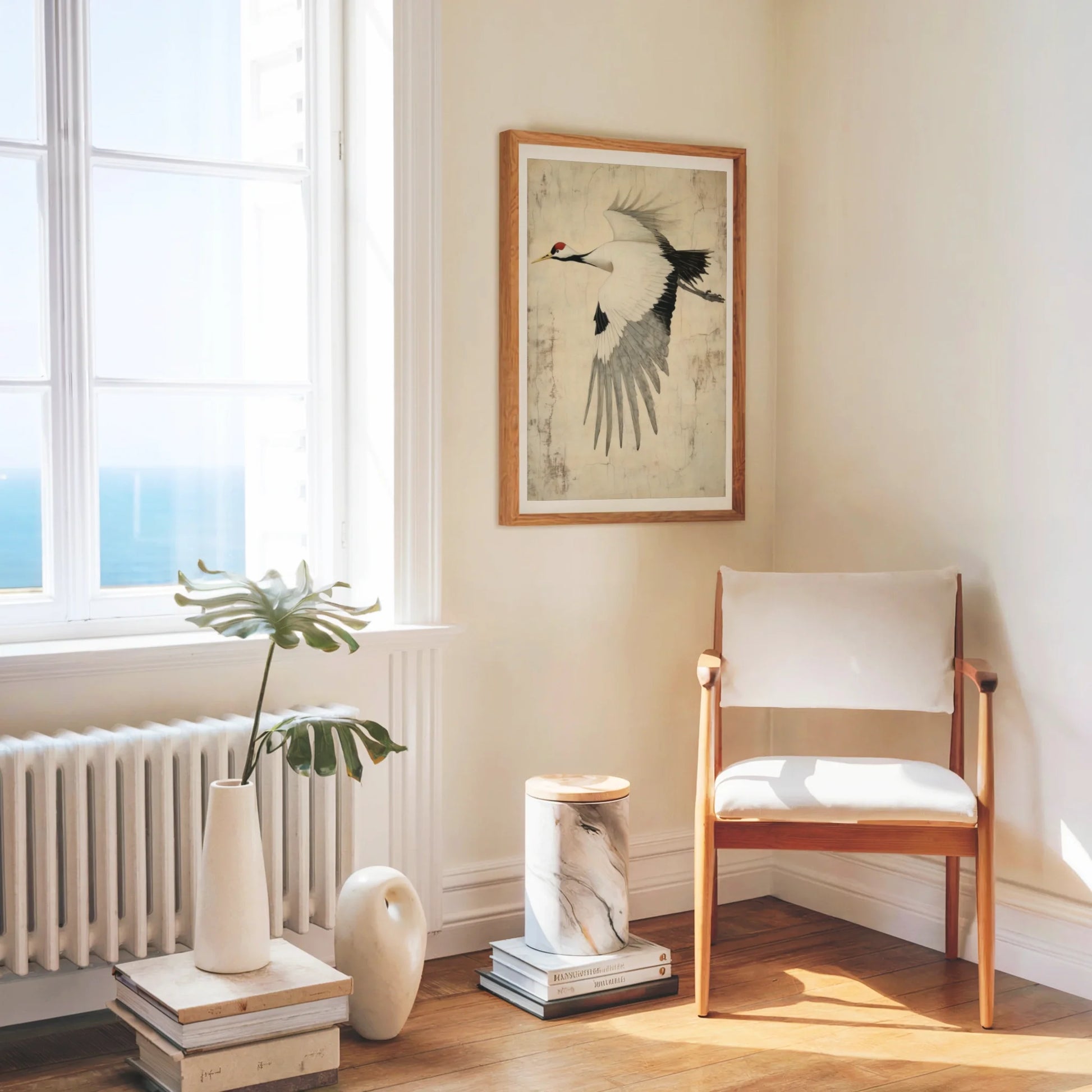 Flying Crane Japanese Style Textured Parchment Canvas Wall Art — Soft ivory canvas with dark wing details creating striking contrast for modern decor