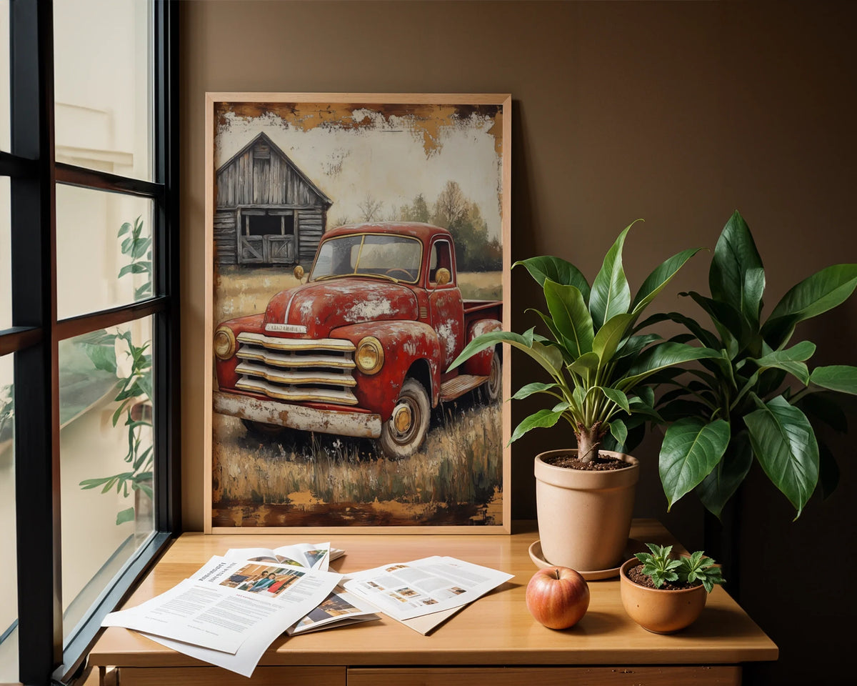 Red Truck Farmhouse Dissolving Rust Barn Canvas Wall Art — Industrial style canvas showcasing an old vehicle melting into countryside decay, perfect for modern loft spaces