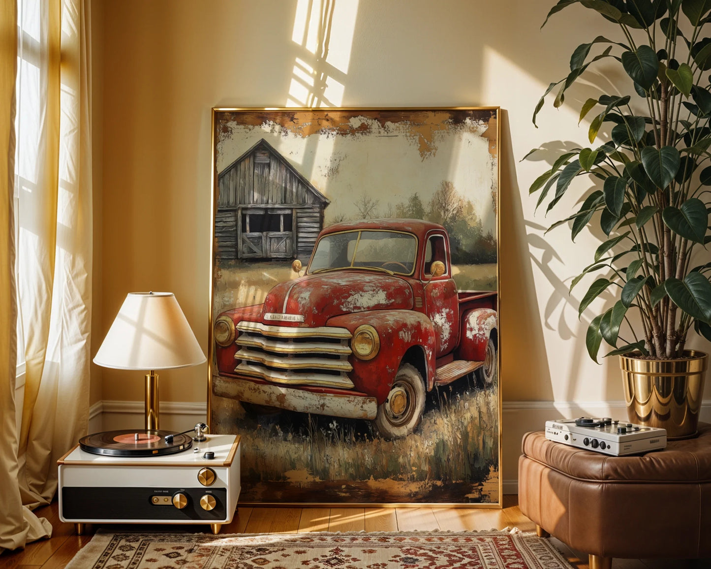 Red Truck Farmhouse Dissolving Rust Barn Canvas Wall Art — Shabby chic artwork depicting a classic automobile fading beside abandoned agricultural buildings