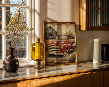 Red Truck Farmhouse Dissolving Rust Barn Canvas Wall Art — Contemporary print capturing a retro vehicle dissolving into pastoral ruins for minimalist home styling