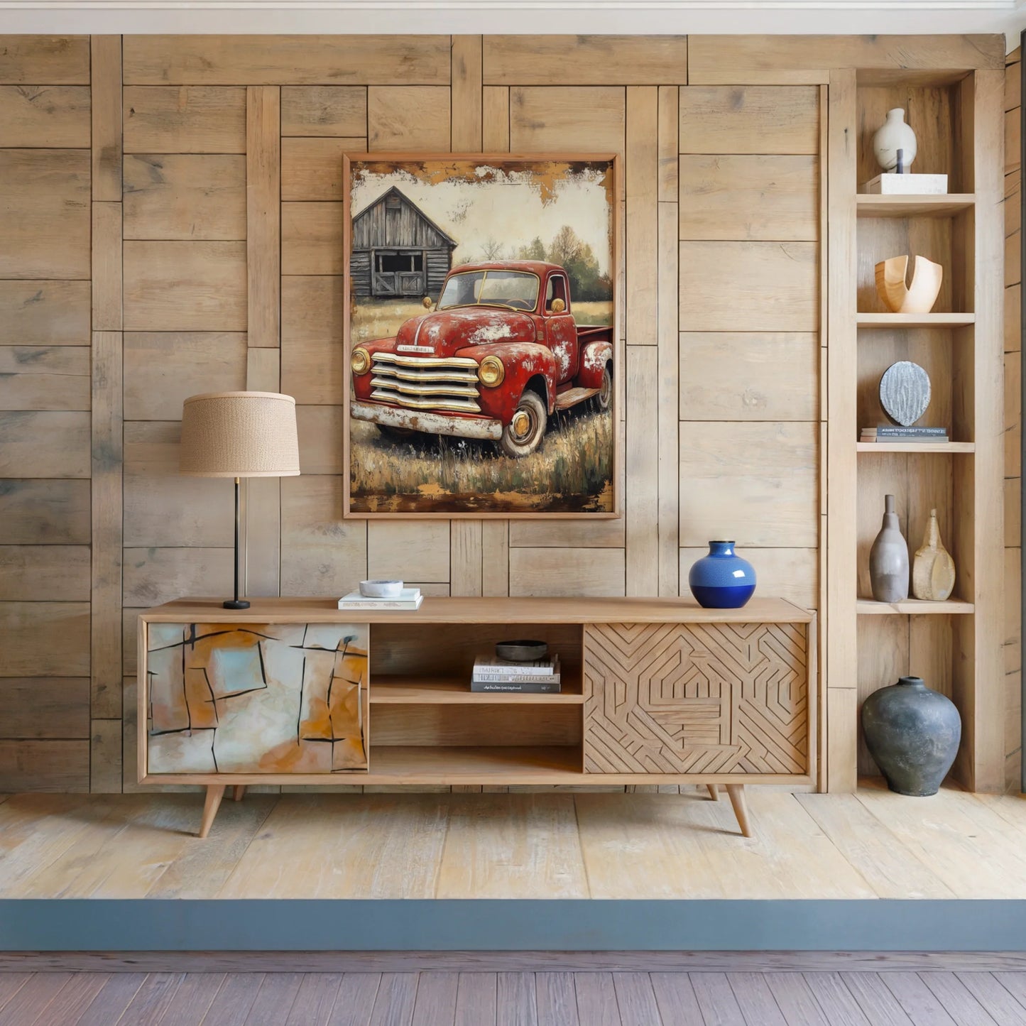 Red Truck Farmhouse Dissolving Rust Barn in room