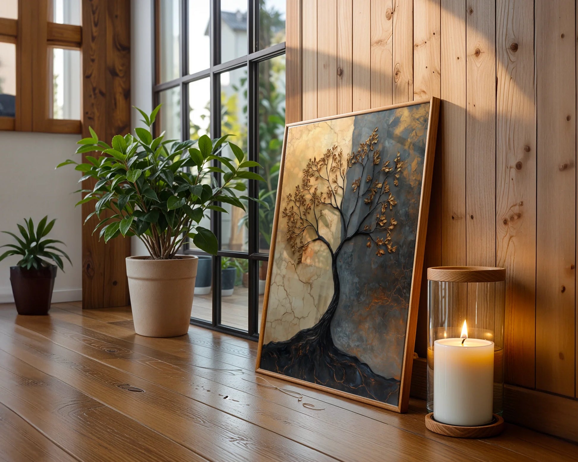 Textured Metal Tree with Copper Patina in room