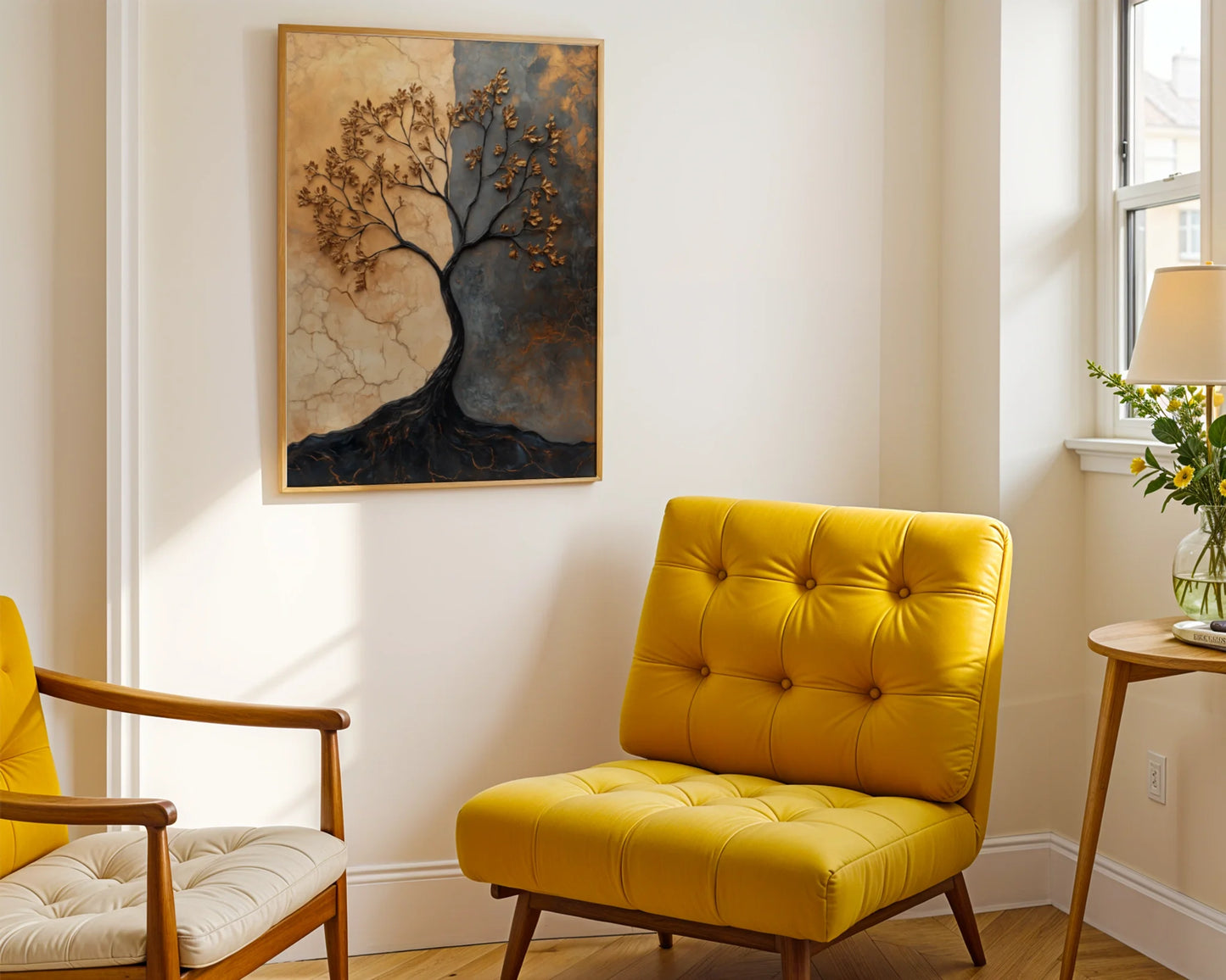 Textured Metal Tree Wall Art with Copper Patina Canvas Print — Contemporary nature canvas displaying aged copper trunk and amber leaves in stylish living space