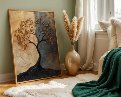 Textured Metal Tree Wall Art with Copper Patina Canvas Print — Minimalist botanical artwork showcasing split trunk design with floating leaves for modern interiors
