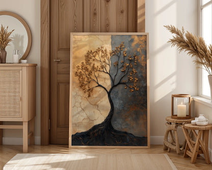 Textured Metal Tree Wall Art with Copper Patina Canvas Print — Refined living room displaying handcrafted nature canvas with metallic finish and dimensional texture