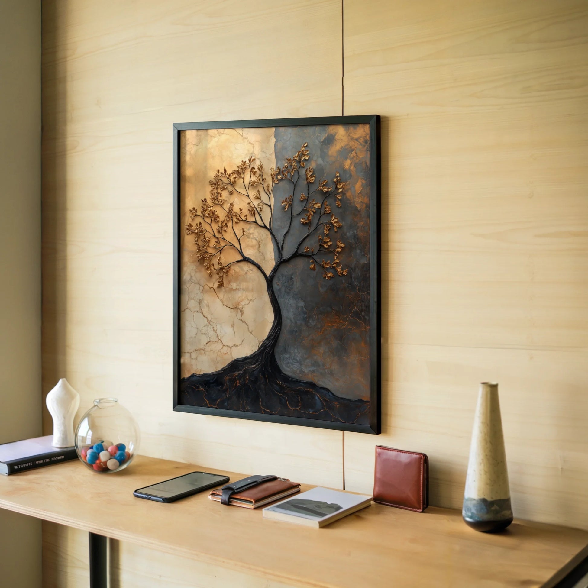 Textured Metal Tree with Copper Patina in room