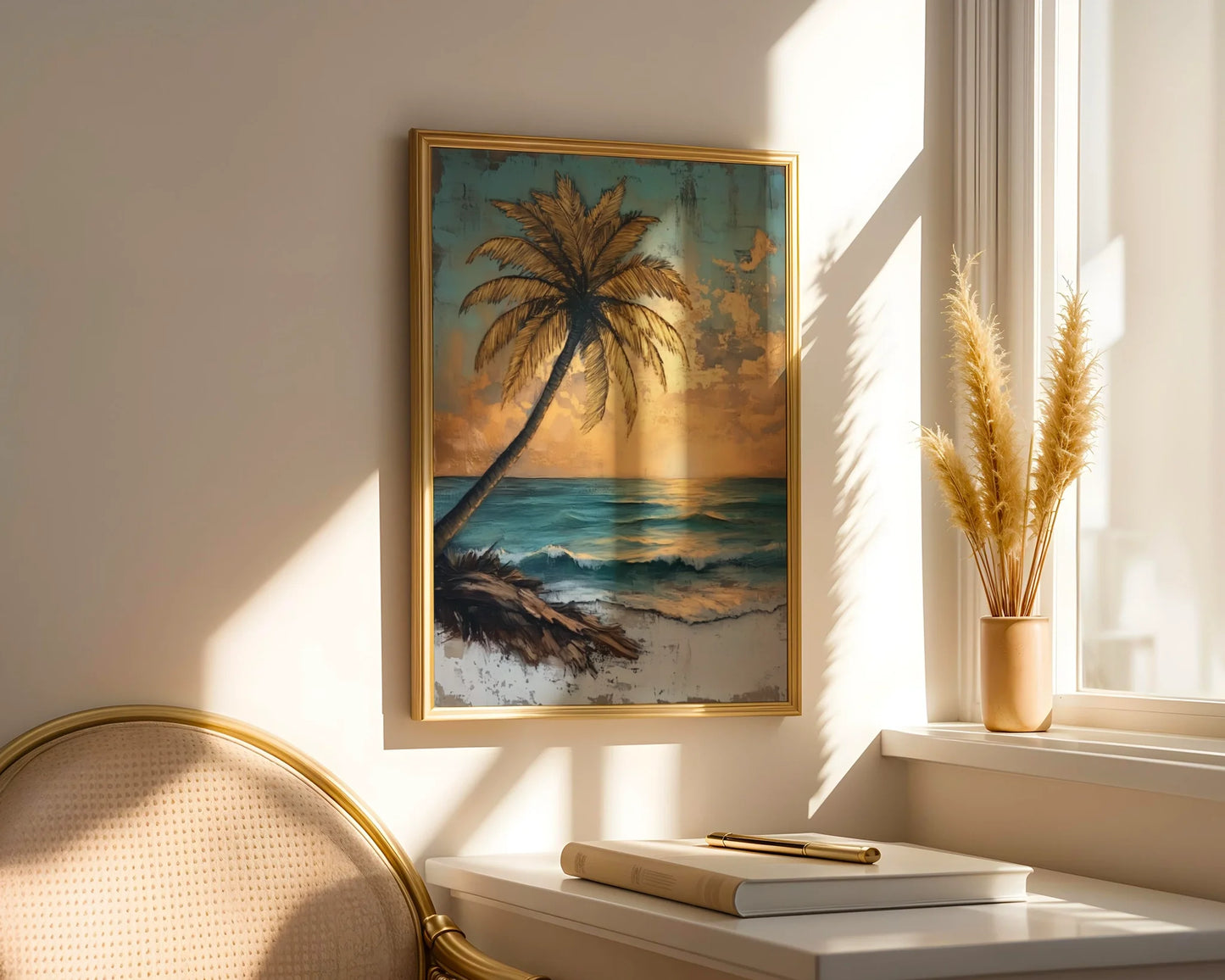Tropical Palm Tree Distressed Turquoise Ocean Canvas Wall Art — Shabby chic surf scene with lone tree against emerald waves displayed in contemporary living space design