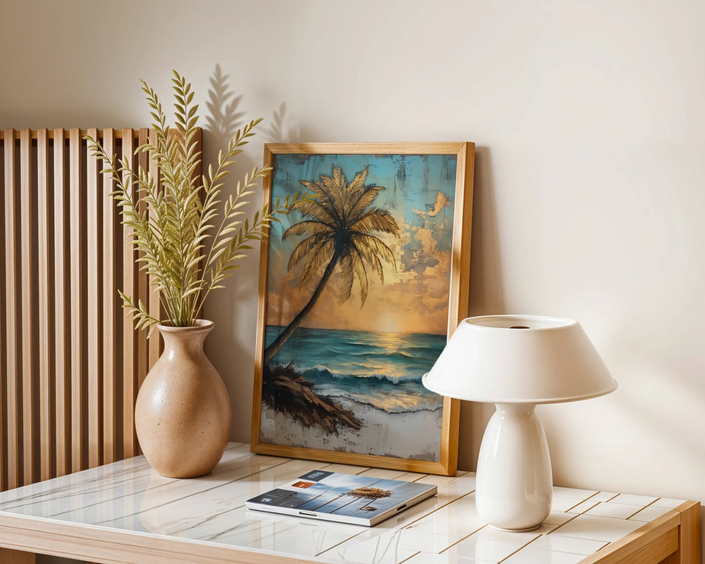 Tropical Palm Tree Distressed Turquoise Ocean Canvas Wall Art — Retro maritime artwork showcasing bent tree silhouette over blue-green ocean for bohemian home styling