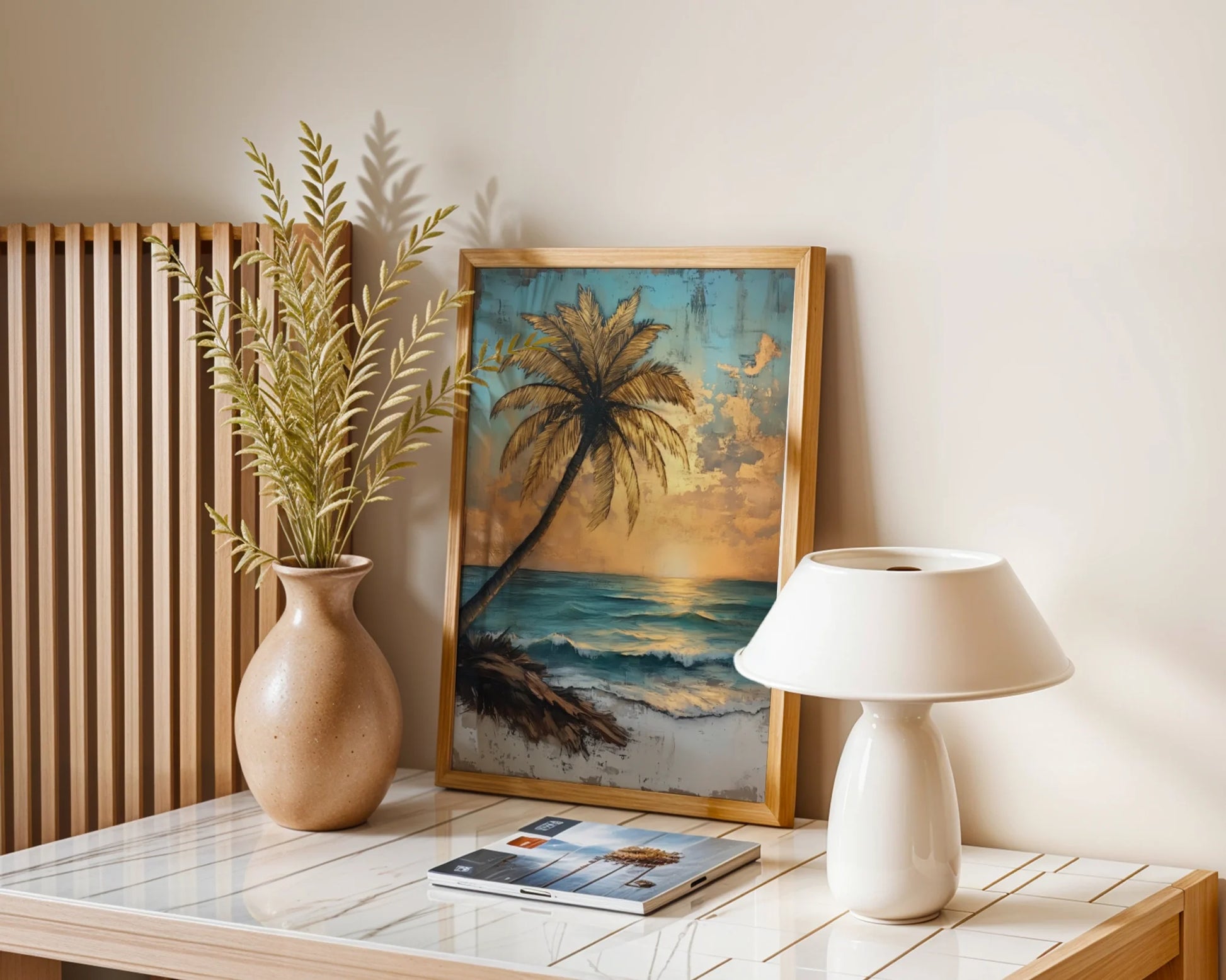 Tropical Palm Tree Distressed Turquoise Ocean Canvas Wall Art — Retro maritime artwork showcasing bent tree silhouette over blue-green ocean for bohemian home styling