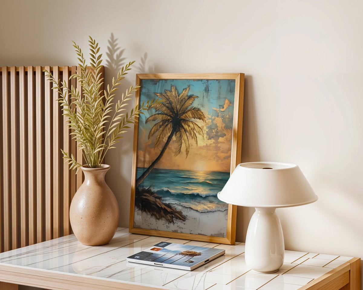 Tropical Palm Tree Distressed Turquoise Ocean in room