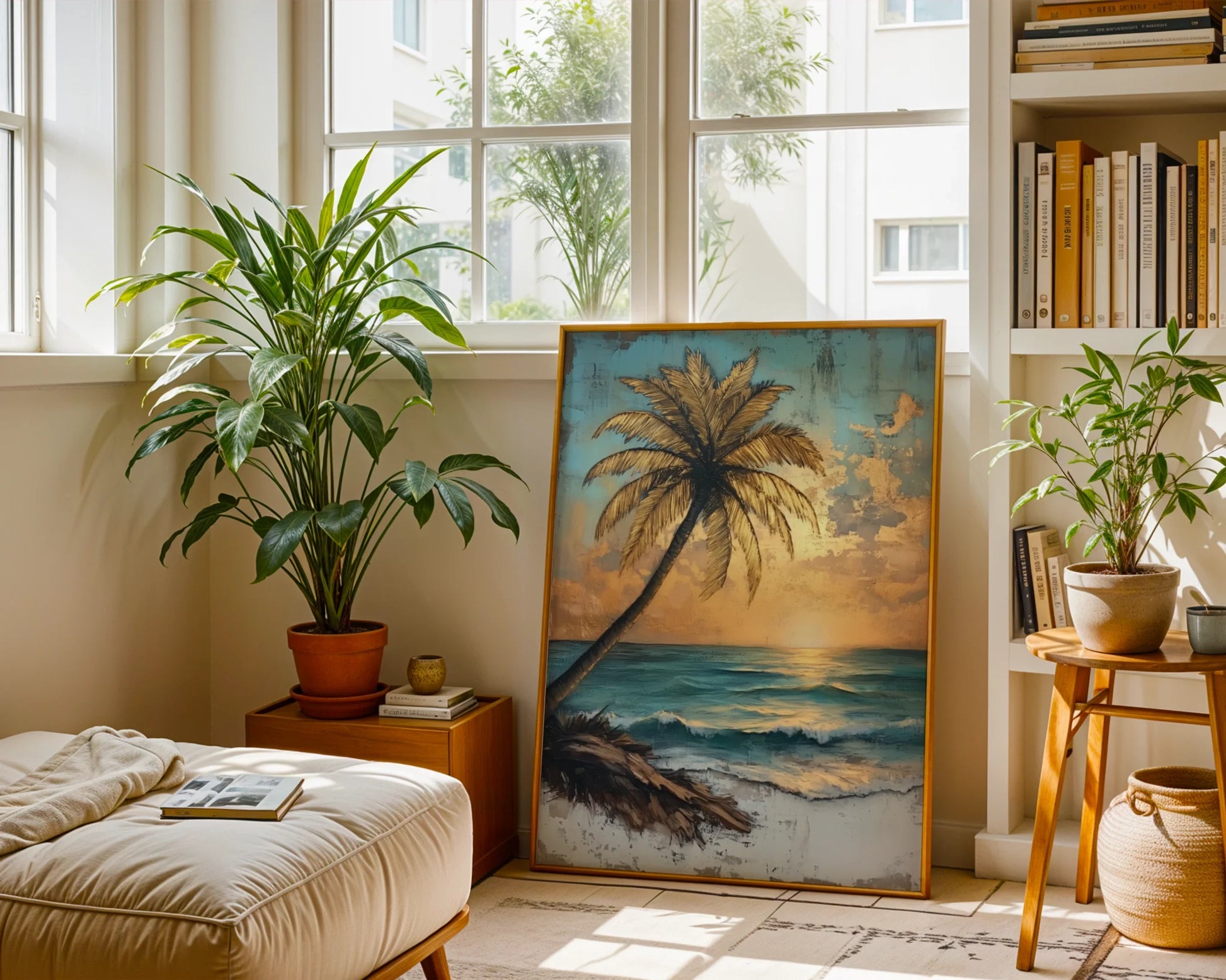 Tropical Palm Tree Distressed Turquoise Ocean Canvas Wall Art — Seaside-themed canvas with leaning palm against teal surf waves styled in modern coastal interior