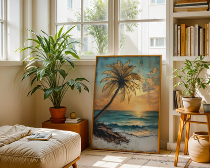 Tropical Palm Tree Distressed Turquoise Ocean Canvas Wall Art — Seaside-themed canvas with leaning palm against teal surf waves styled in modern coastal interior