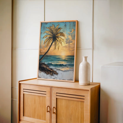 Tropical Palm Tree Distressed Turquoise Ocean Canvas Wall Art — Aged surf-inspired print displaying curved tree over aquamarine sea for eclectic home decorating
