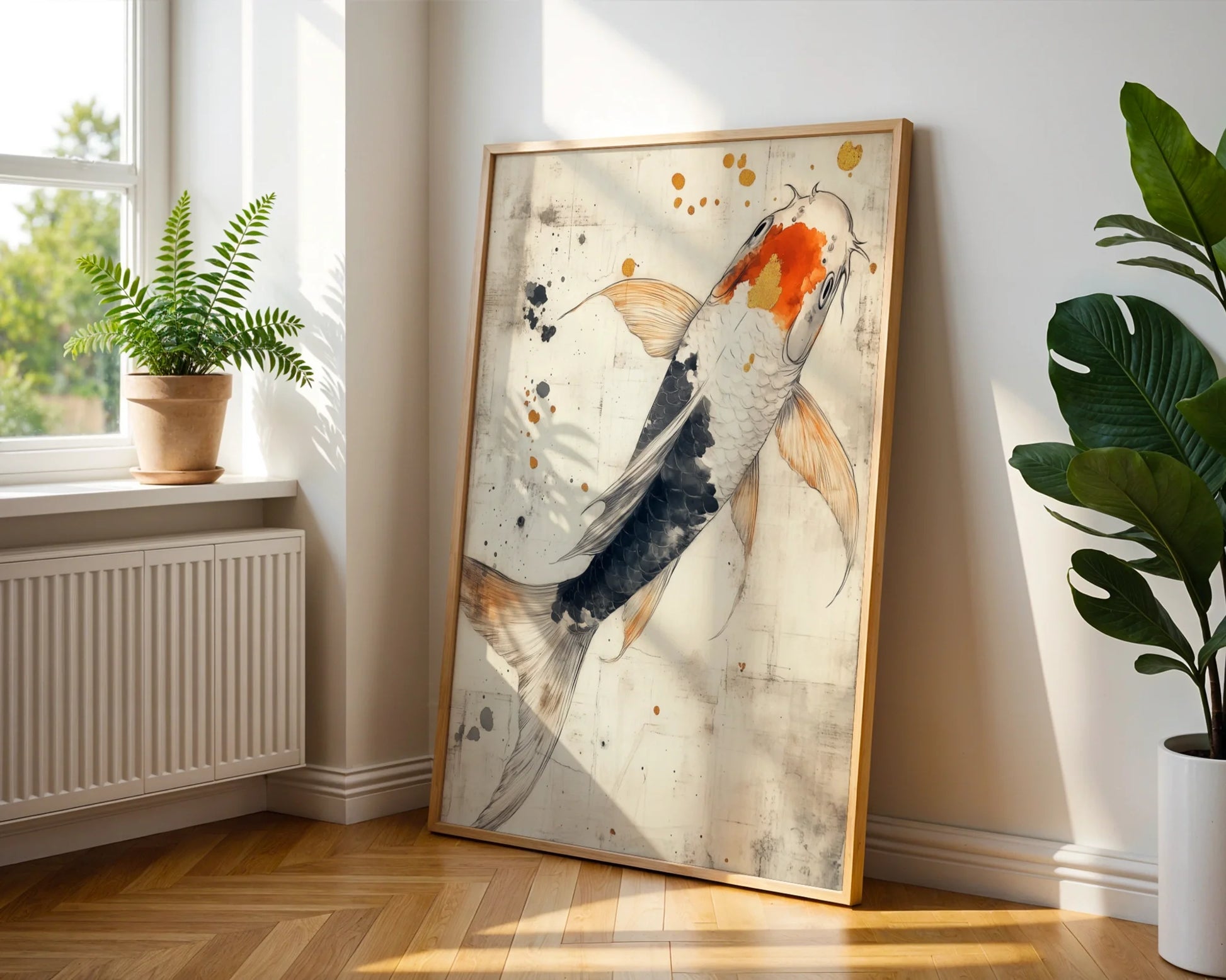 Japanese Koi Ink Twin Fish Ascending in room