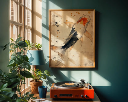 Japanese Koi Ink Twin Fish Ascending in room