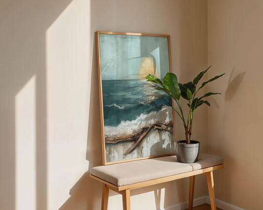 Ocean Art Driftwood Textured Teal Seascape Canvas Wall Art — Contemporary living space showcases maritime seascape with windswept timber border for sleek interiors