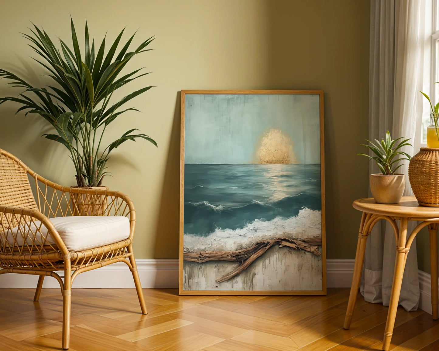 Ocean Art Driftwood Textured Teal Seascape Canvas Wall Art — Sailing-inspired room features thick-painted ocean scene with natural wood edges for nautical spaces