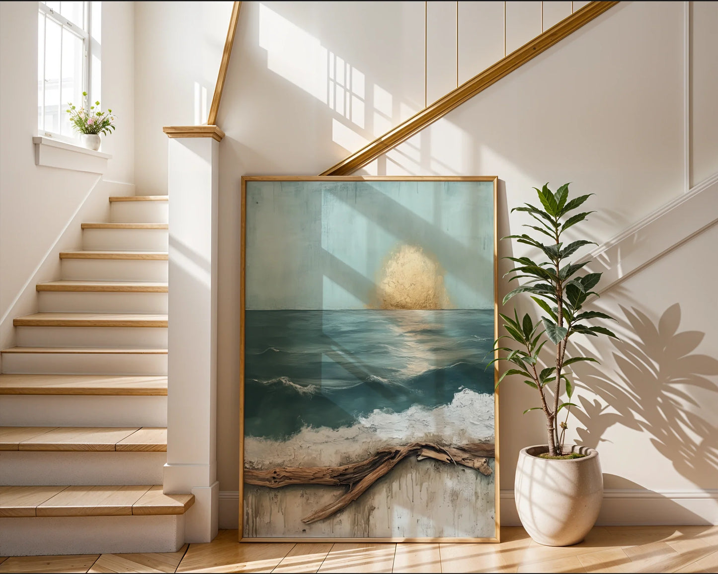 Ocean Art Driftwood Textured Teal Seascape Canvas Wall Art — Seaside-themed bedroom displays aged timber-framed water artwork for relaxed shore-style living