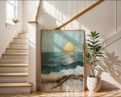 Ocean Art Driftwood Textured Teal Seascape Canvas Wall Art — Seaside-themed bedroom displays aged timber-framed water artwork for relaxed shore-style living