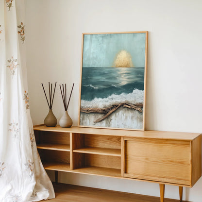 Ocean Art Driftwood Textured Teal Seascape in room