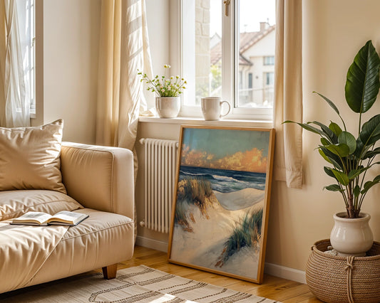 Coastal Dunes Sunset Textured Brushstroke Canvas Wall Art — Contemporary shore scene canvas displayed in minimalist interior showcasing windswept sand hills