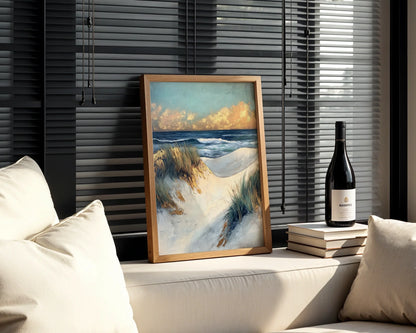 Coastal Dunes Sunset Textured Brushstroke Canvas Wall Art — Seaside scenery with thick paint strokes creating dimensional waves for contemporary spaces
