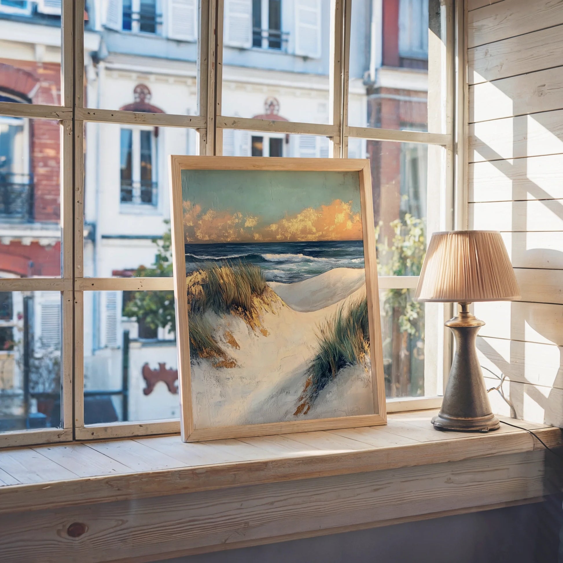 Coastal Dunes Sunset Textured Brushstroke Canvas Wall Art — Maritime vista showing windblown coastline perfect for transitional home decorating