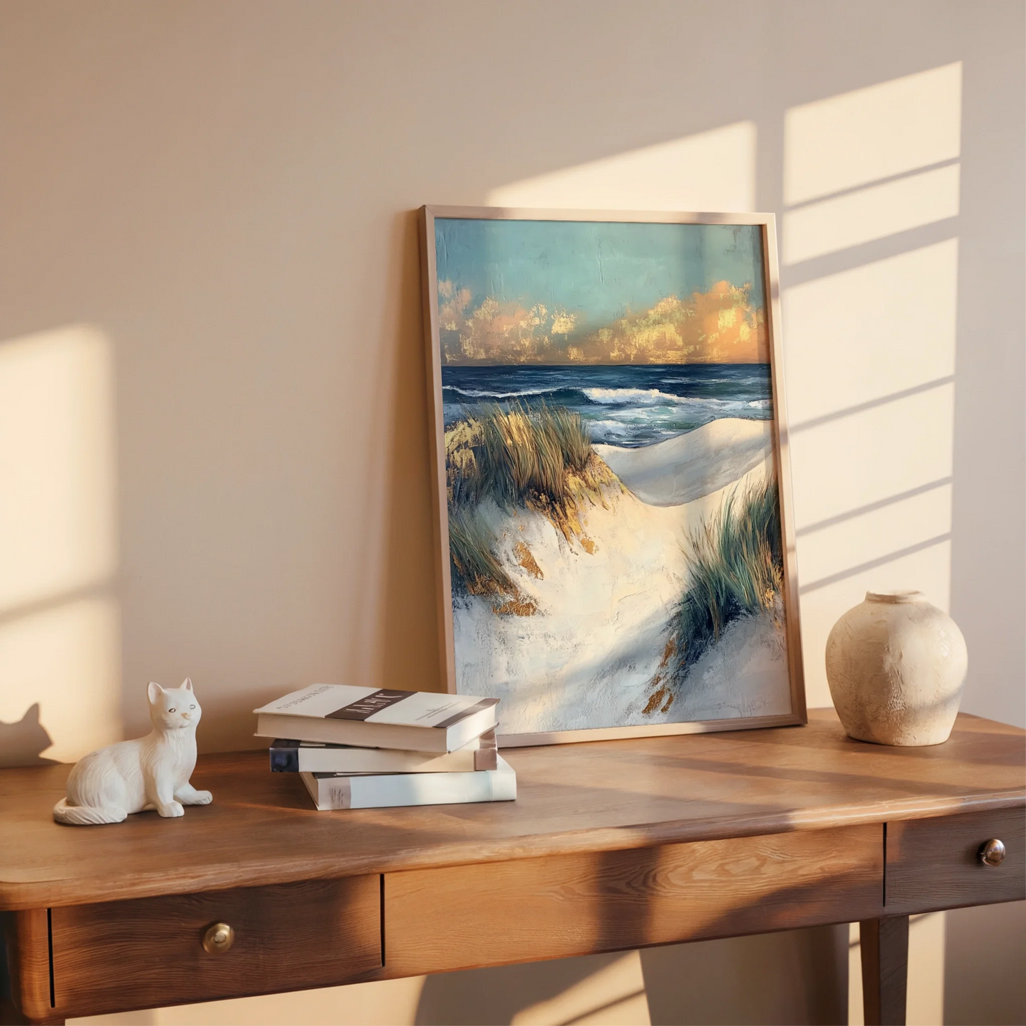 Coastal Dunes Sunset Textured Brushstroke Canvas Wall Art — Champagne and teal tones blend across textured surface in this atmospheric shore painting