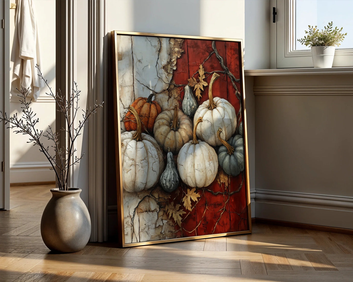 Pumpkin Still Life Cracked Plaster Farmhouse in room