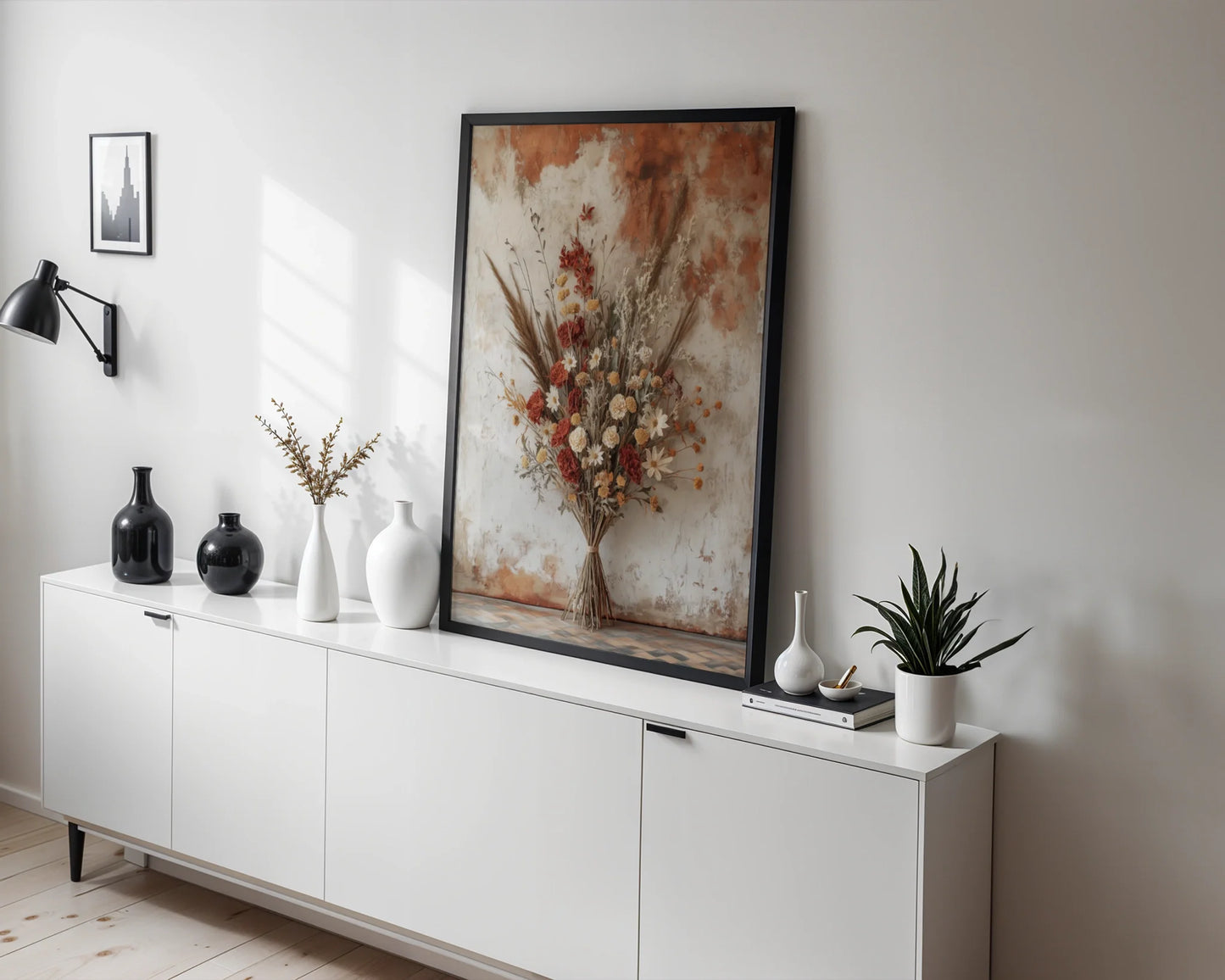 Dried Flower Bouquet Boho Weathered Plaster Canvas Wall Art — Cottage-inspired canvas displaying pressed florals on distressed backdrop for farmhouse decorating