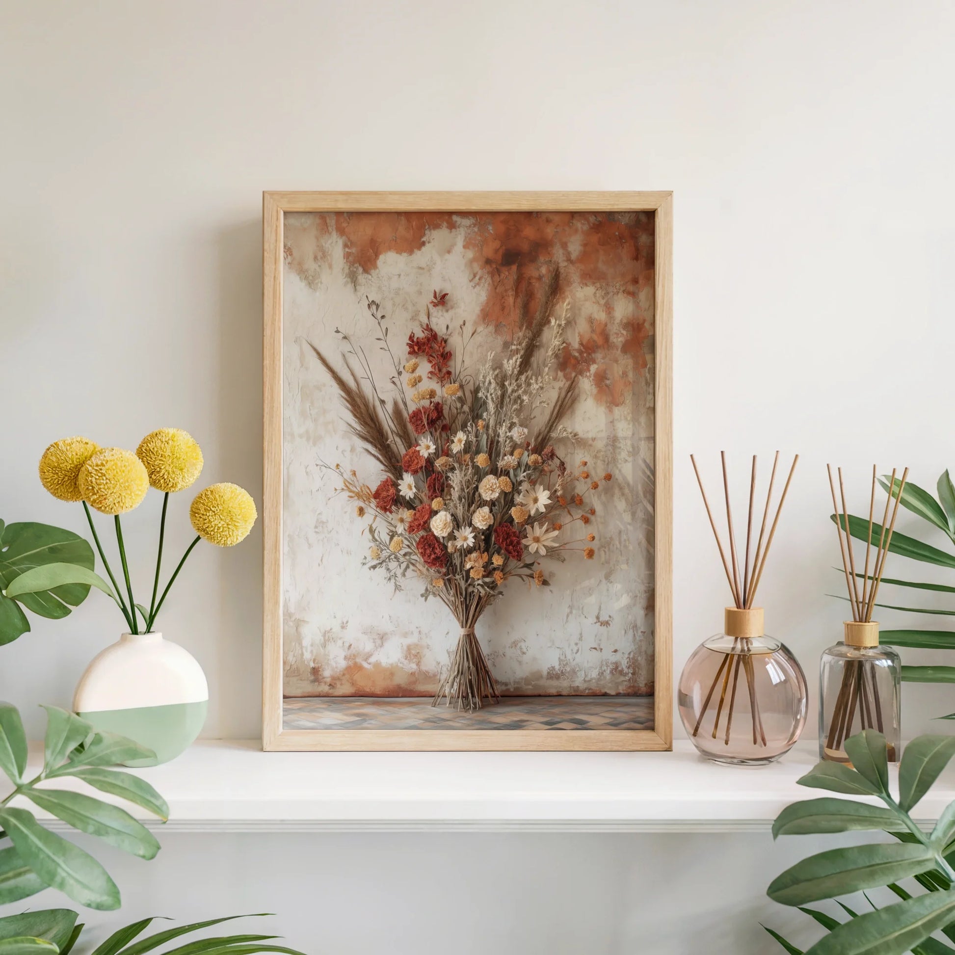 Dried Flower Bouquet Boho Weathered Plaster Canvas Wall Art — Artistic canvas presenting wilted petals on vintage plaster for eclectic interior design