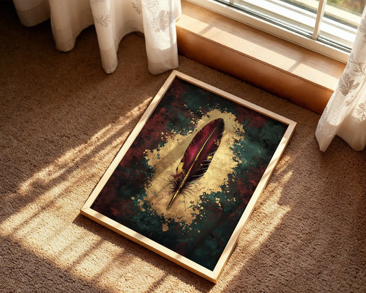 Quill Pen Scarlet Feather Dark Academia Canvas Wall Art — Scholar's canvas showcasing crimson quill breaking through aged parchment for intellectual home decor