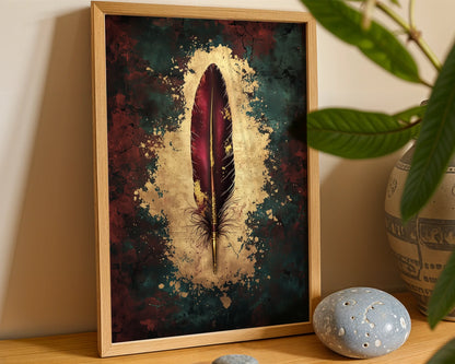 Quill Pen Scarlet Feather Dark Academia Canvas Wall Art — Victorian-inspired artwork featuring weathered writing tools emerging from cracked stone for period decor