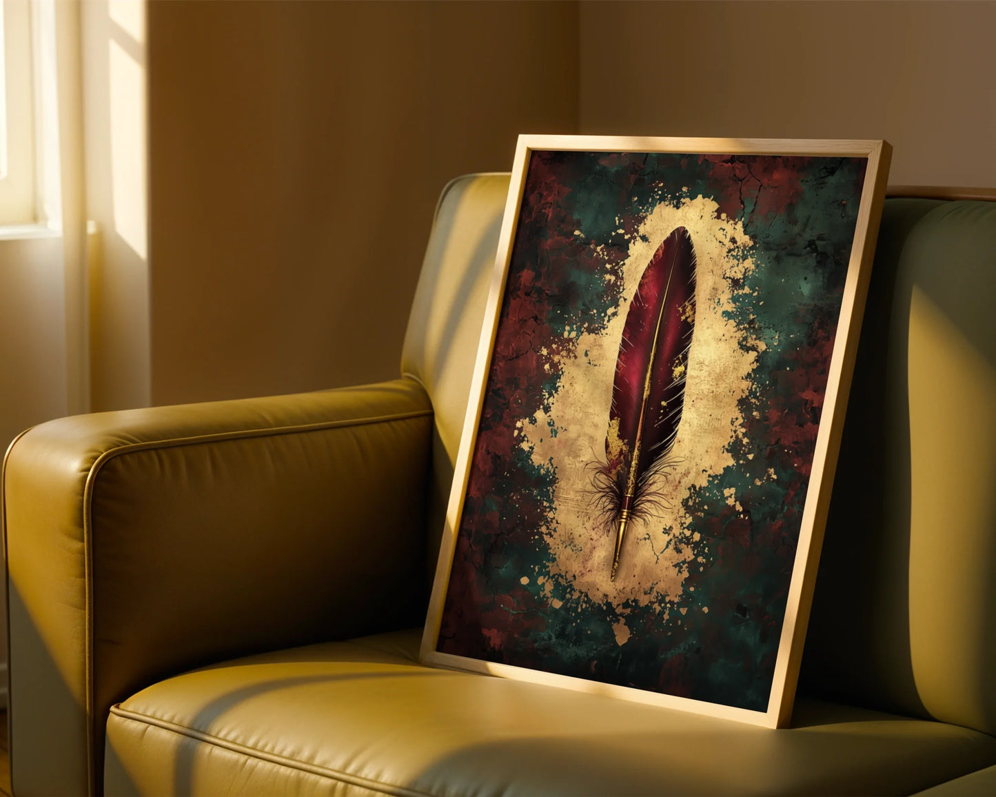 Quill Pen Scarlet Feather Dark Academia Canvas Wall Art — Dramatic canvas displaying mysterious writing instrument piercing ancient paper for atmospheric interiors