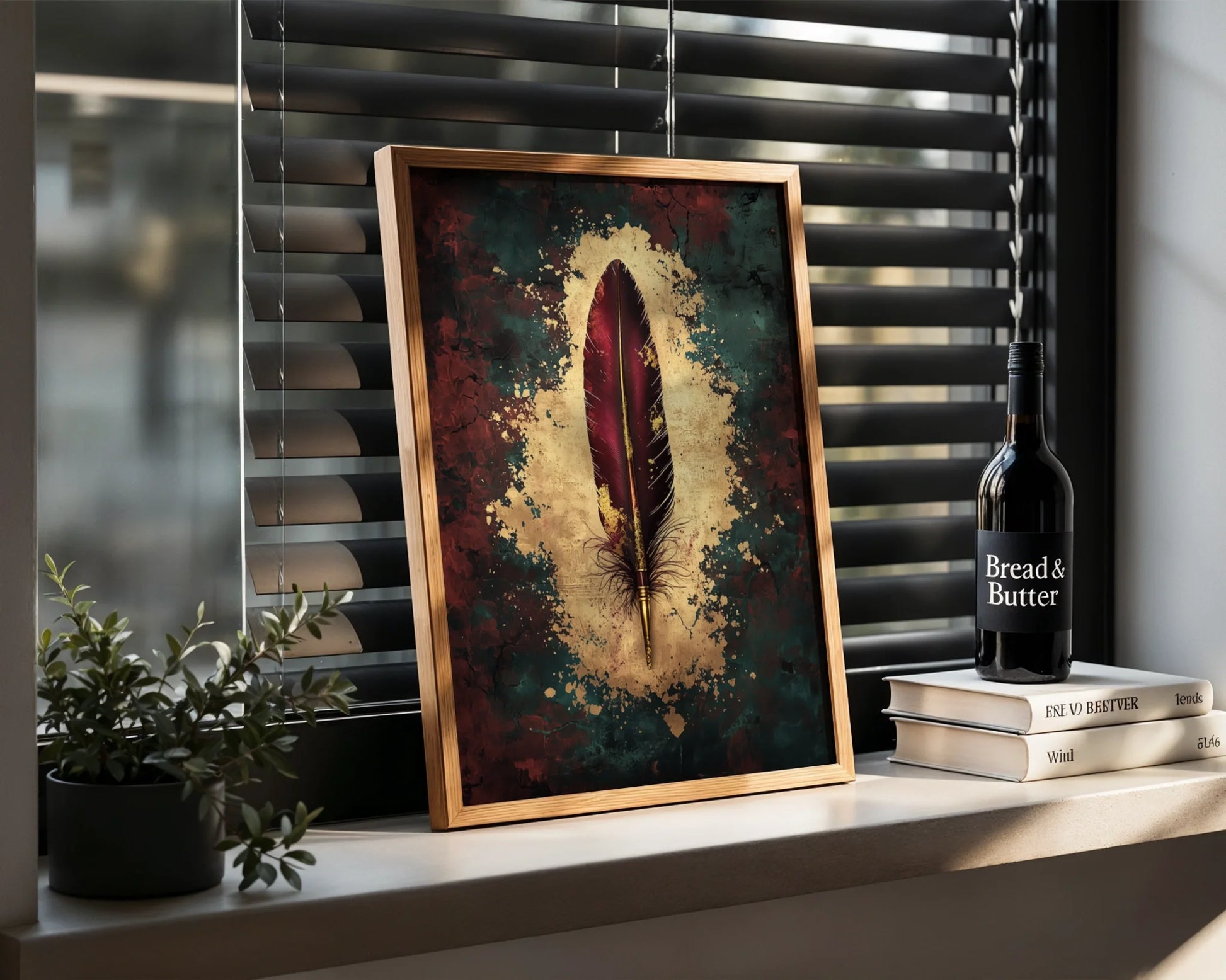 Quill Pen Scarlet Feather Dark Academia Canvas Wall Art — Classic library-themed artwork with timeless ink pen breaking through worn manuscript for traditional decor