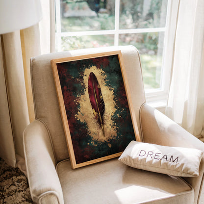 Quill Pen Scarlet Feather Dark Academia Canvas Wall Art — Wine-colored canvas with textured copper accents creating depth against storm cloud backdrop for rich interiors