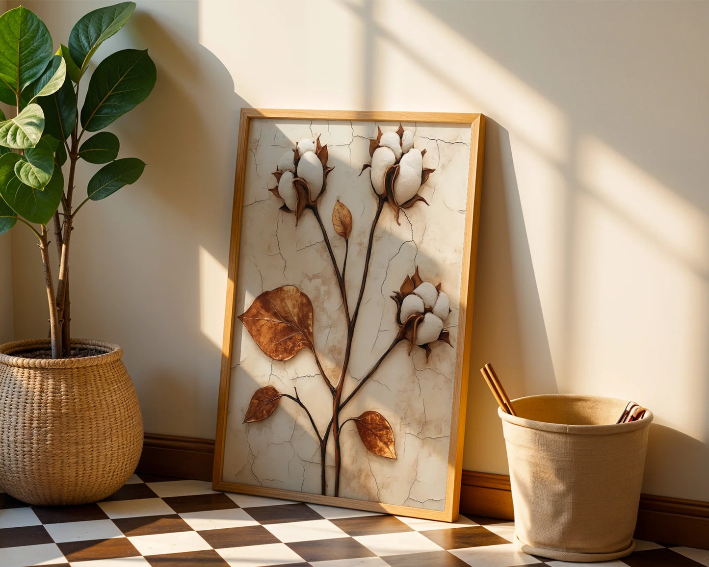Cotton Boll Botanical Art Weathered Stone Canvas Wall Art — Bohemian canvas showcasing fluffy cotton stems against aged limestone for free-spirited home styling