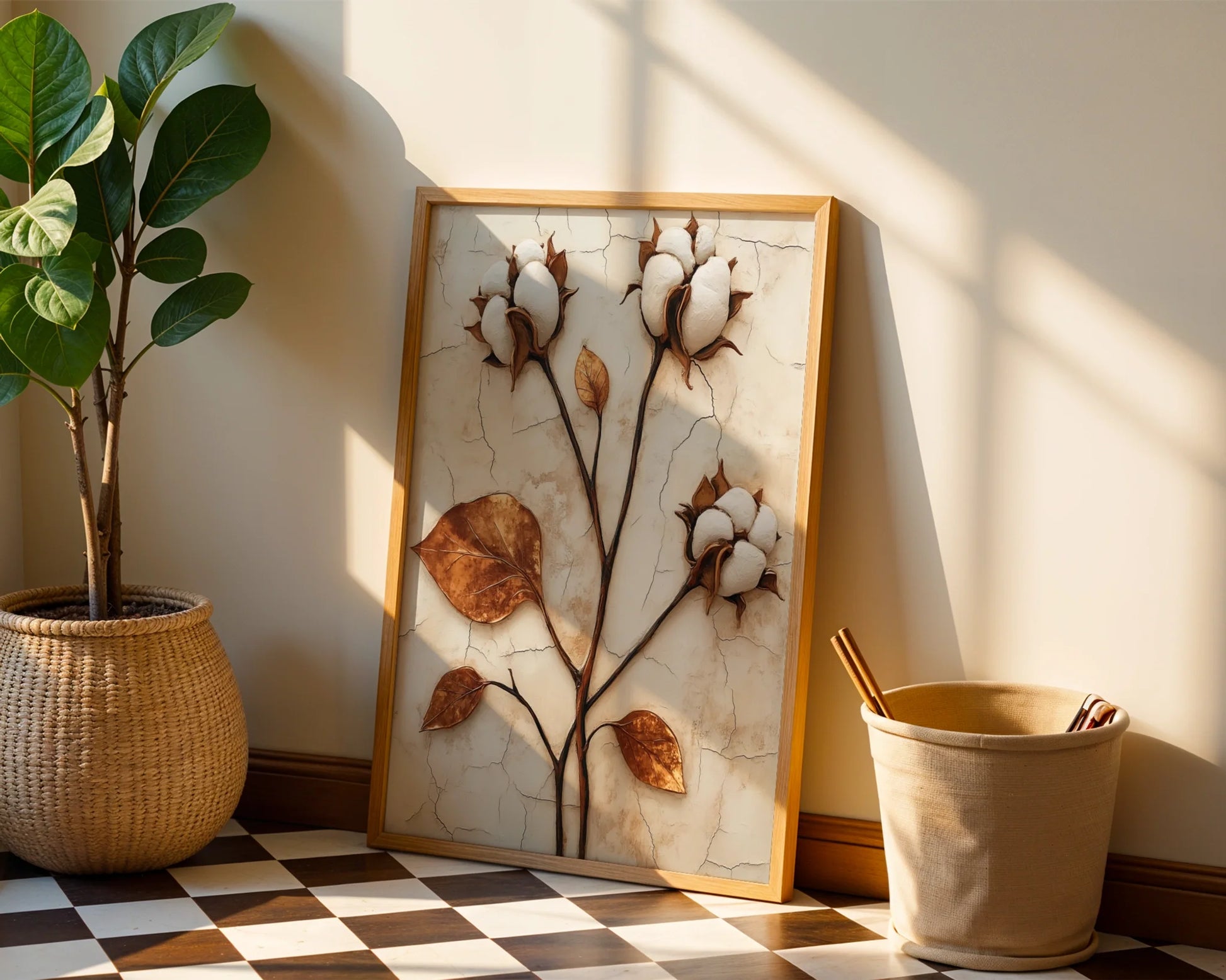 Cotton Boll Botanical Art Weathered Stone in room