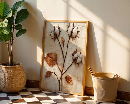 Cotton Boll Botanical Art Weathered Stone in room