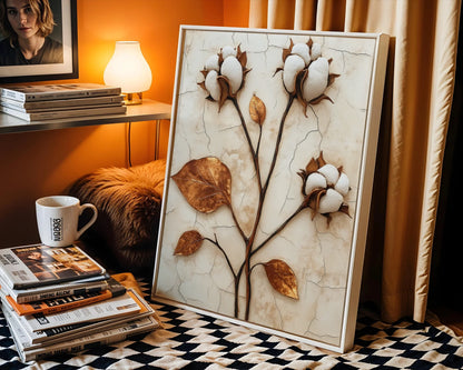 Cotton Boll Botanical Art Weathered Stone Canvas Wall Art — Eclectic artwork featuring organic cotton blooms sprouting from crumbling rock surface in boho space