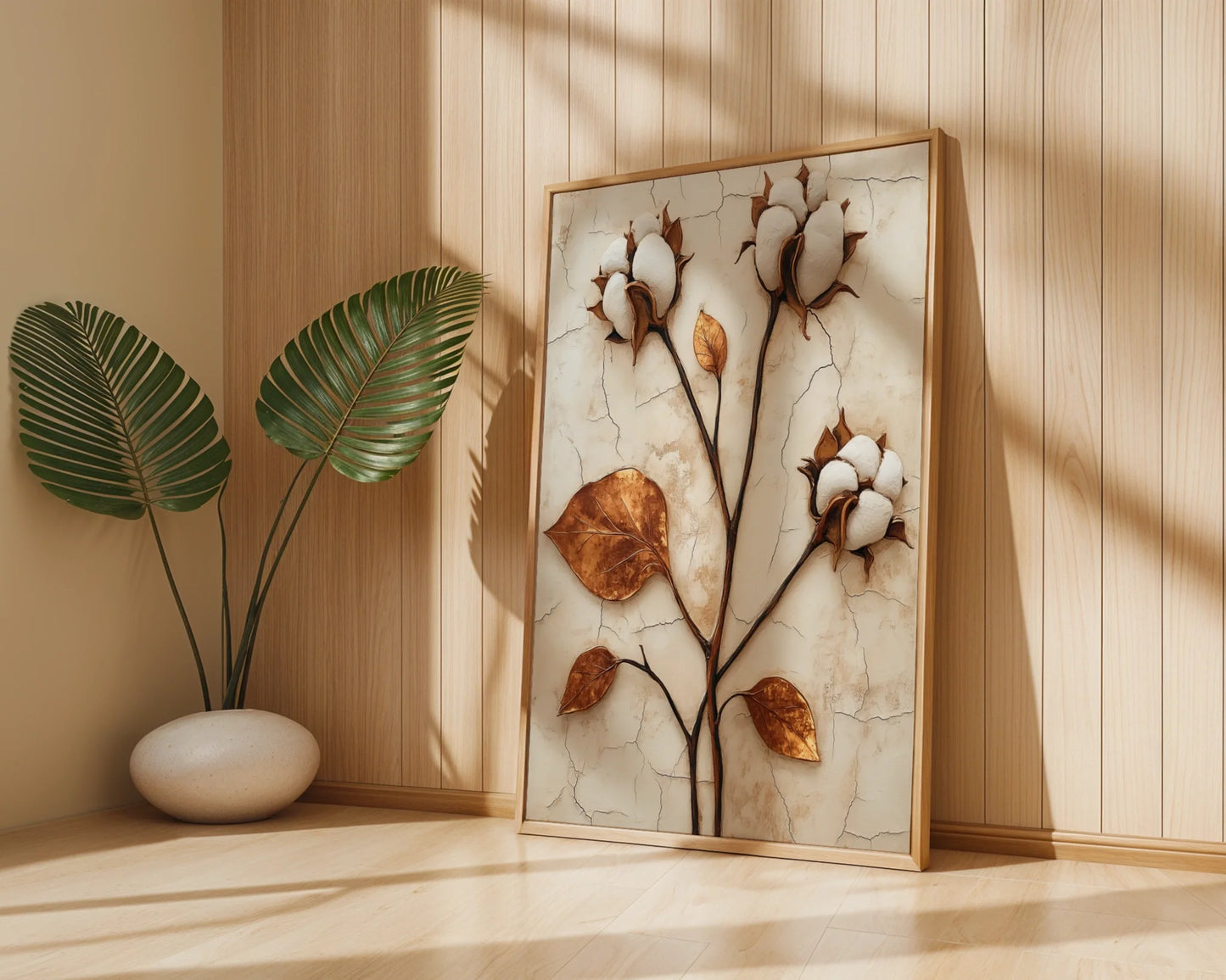 Cotton Boll Botanical Art Weathered Stone in room