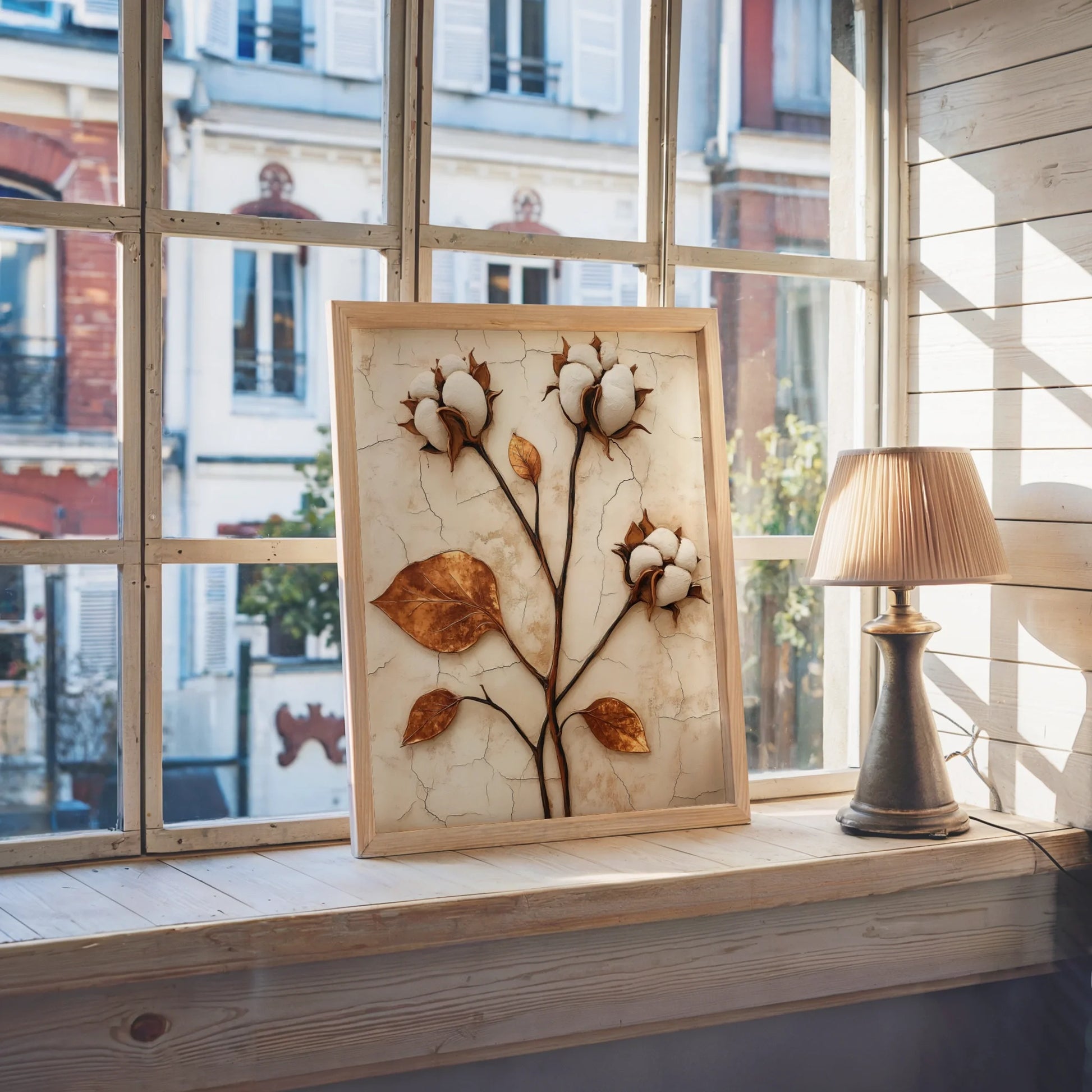 Cotton Boll Botanical Art Weathered Stone in room