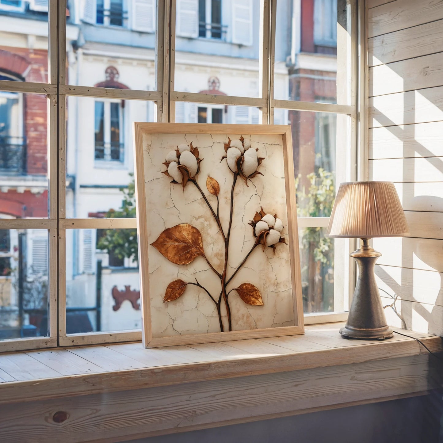 Cotton Boll Botanical Art Weathered Stone in room