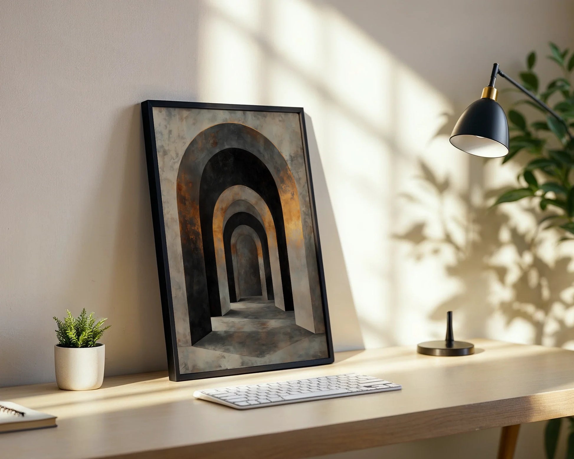 Ancient Corridor Stone Archway Luxury Canvas Wall Art — Industrial chic bedroom showcasing historic pathway artwork with time-worn brick arches and atmospheric depth
