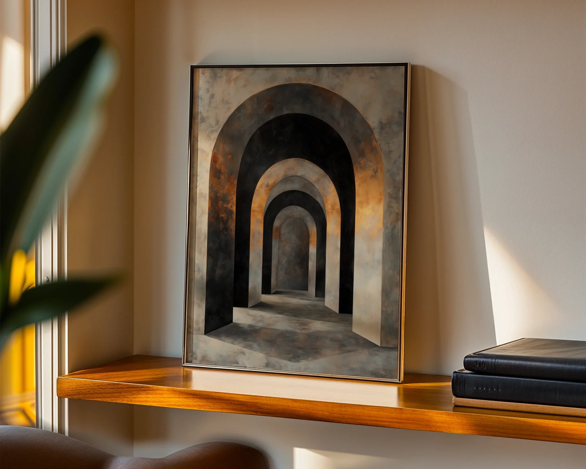 Ancient Corridor Stone Archway Luxury Canvas Wall Art — Scandinavian dining space displaying medieval walkway canvas with crumbling stonework and dramatic perspective