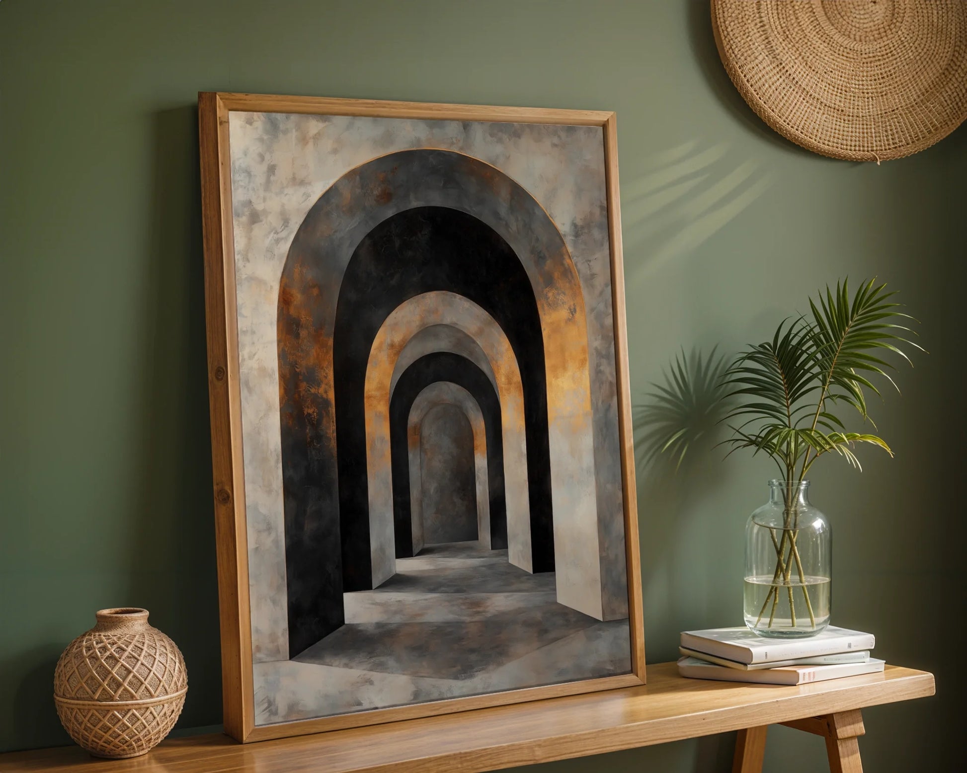 Ancient Corridor Stone Archway Luxury Canvas Wall Art — Transitional family room highlighting gothic tunnel print with aged masonry and mysterious vanishing point